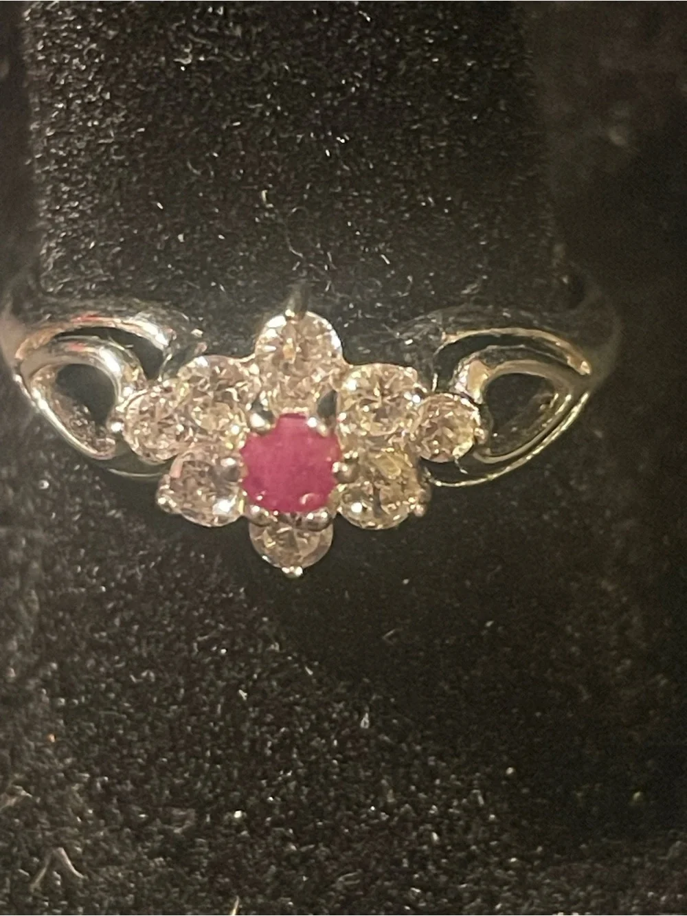 Floral  Cubic Zirconia Sterling Ring - Pink Center